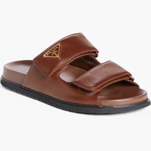 Prada women’s Double Grip Band Cacao Brown leather Slide Sandals US 11 EU 41 New